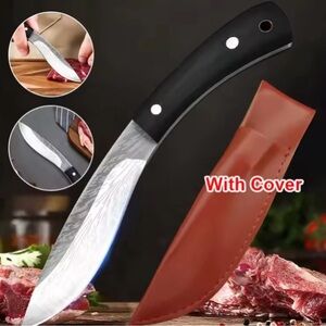 Black Handle Damascus-Style Fixed Blade Knife with Brown Sheath